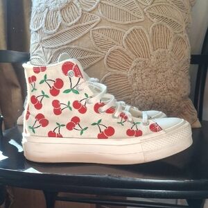 White High-Top Sneakers with Red Cherry Print